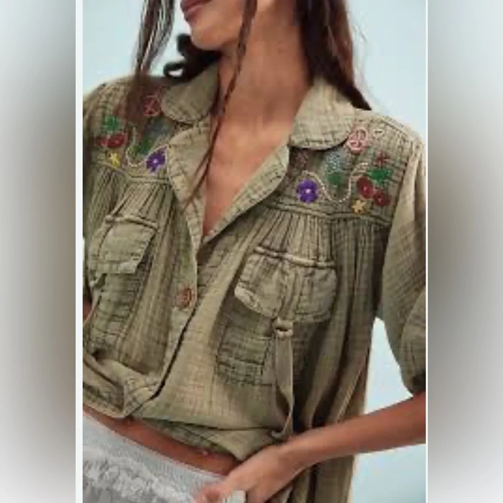 NWT FREE PEOPLE Tracking Trails Shirt Dress M Olive Branch - Picture 2 of 9